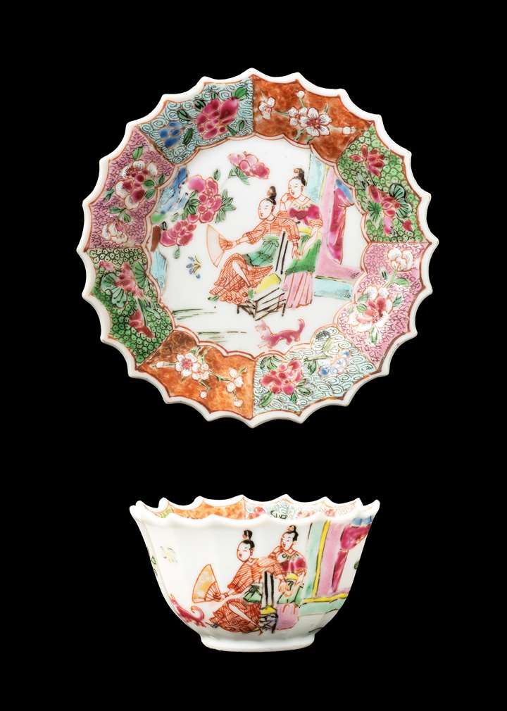 GG: Chinese porcelain famille rose teabowl and saucer
